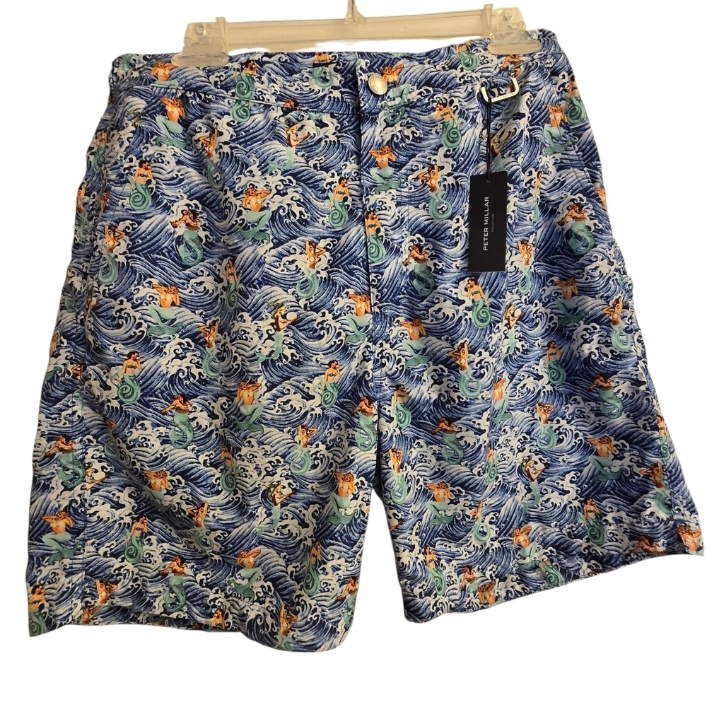 NWT Peter Millar Ocean Wave Mermaid Print Swim Trunks Medium